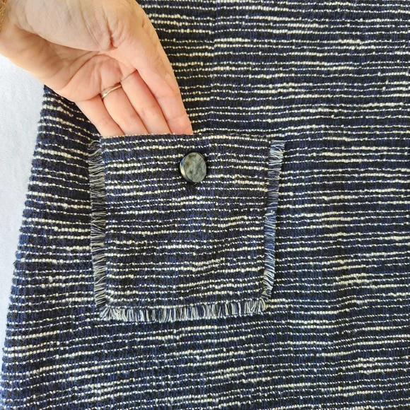 Tweed Fall Sheath Dress Navy Blue White Stripes Sleeveless Fringe Paris Size 10 - Picture 9 of 17